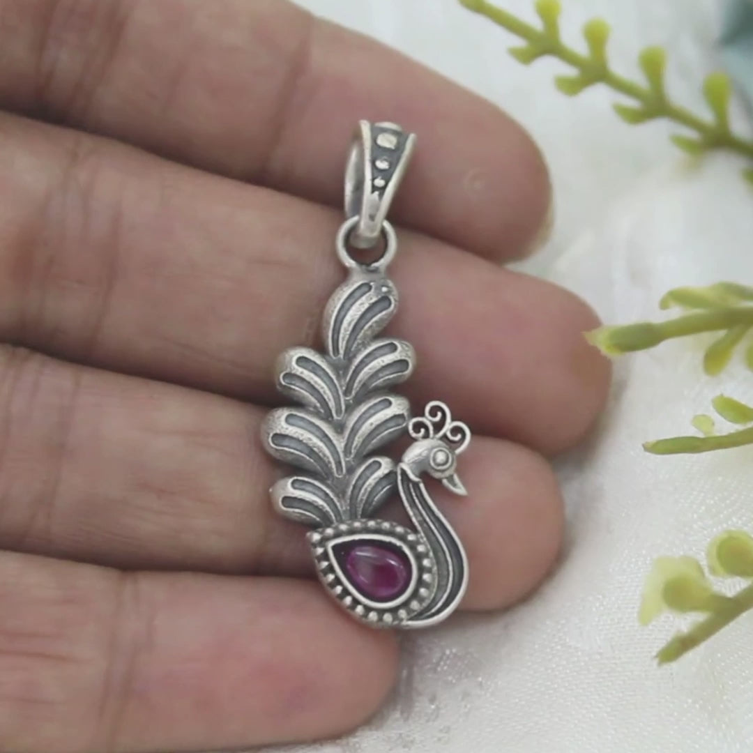 Peacock Design 925 Sterling Silver Pink CZ Oxidized Women Excellent gifting Pendant