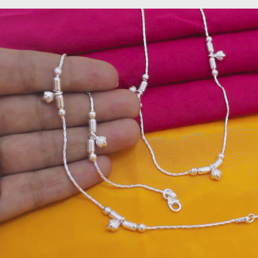 Real Silver Leaf Charm Beaded Anklet - Pair