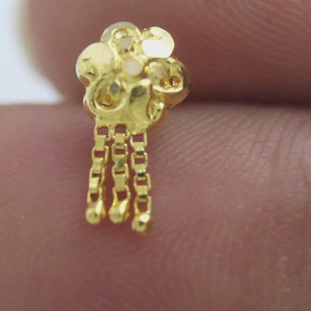 18K Real Gold Floral Cluster Nose Stud with Triple Dangling Box Chains