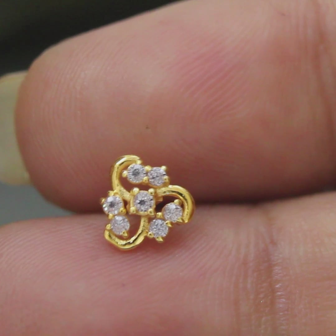 18K Real Gold Indian Women White CZ Excellent Nose stud nose ring Push Pin
