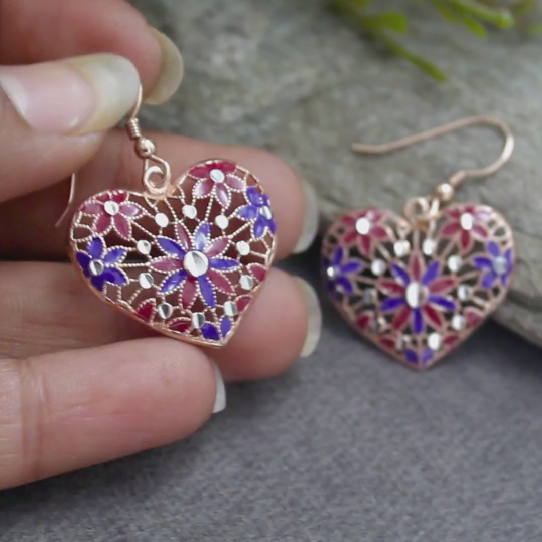 925 Sterling Silver Rose Gold Royal Petal Heart Drops Earrings