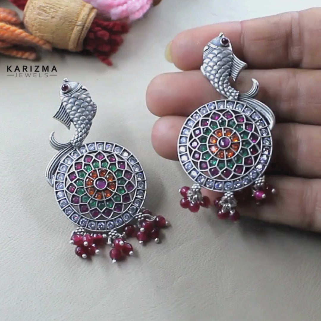 Real 925 Sterling Silver Fish Design Oxidized Kundan Earrings