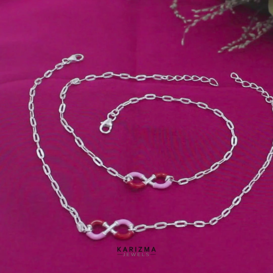 925 Sterling Silver Embellished Infinity Chain Anklet Pair 10.4"