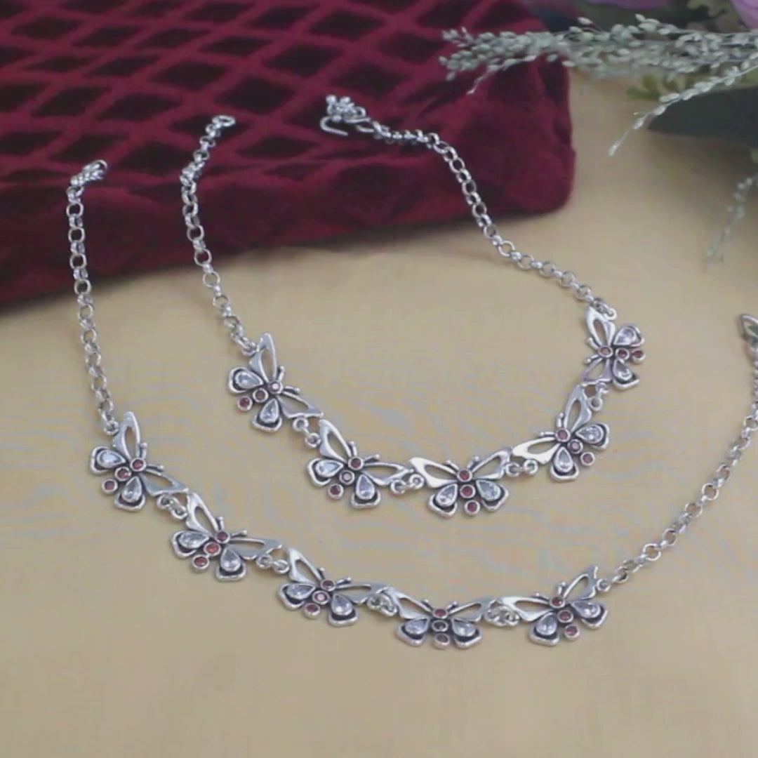 925 Sterling Silver orange white CZ Oxidized Elegant Butterfly Anklet Pair 10.3"