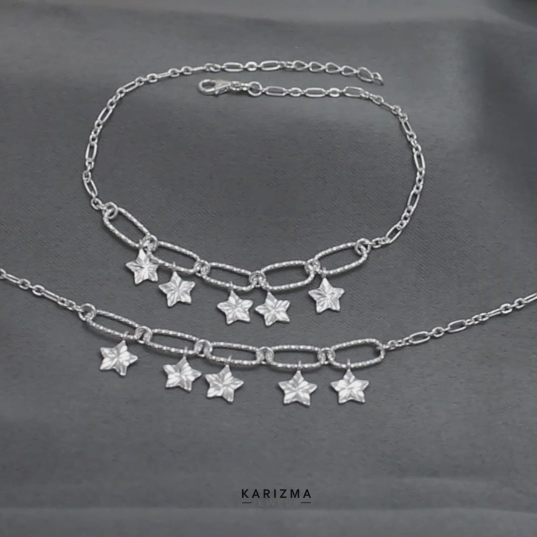 925 Sterling Silver Dazzling Stars Charm Chain Anklet Pair 10.5"