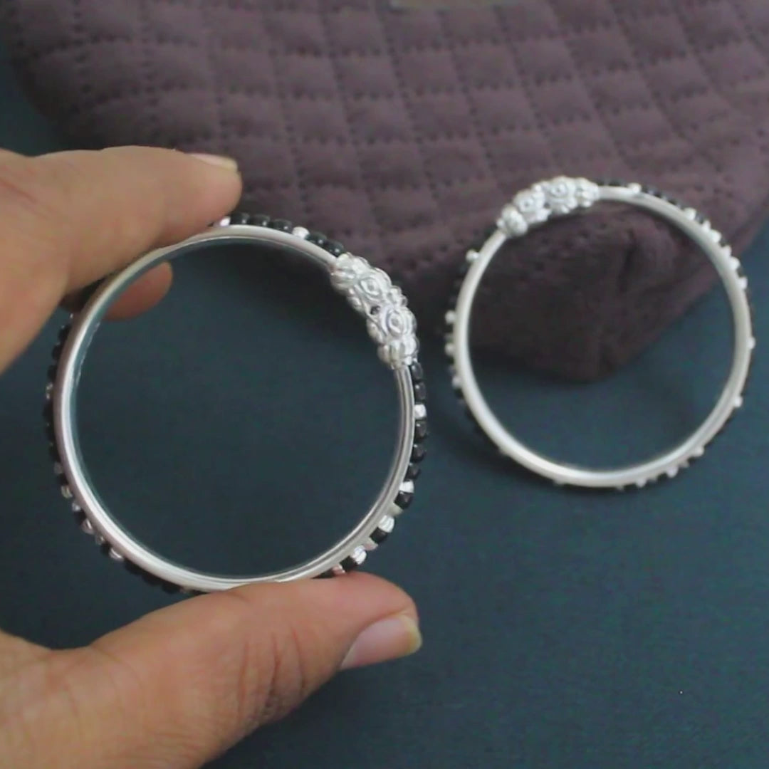 Real Silver Excellent gifting Black Beads Nazariya kids Bangles Bracelet - Pair
