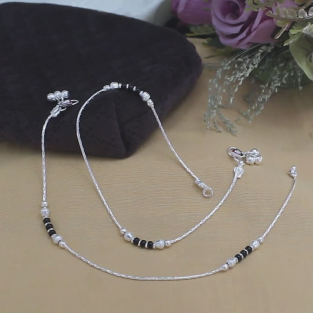 Real Sterling Silver Black Bead Anklet 10 in
