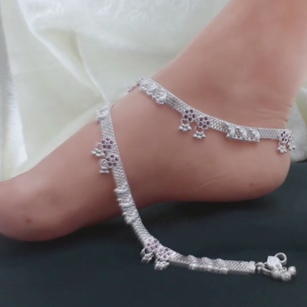 Real Sterling Silver Indian women Pink CZ party style Anklet Ankle Pair 10.3"