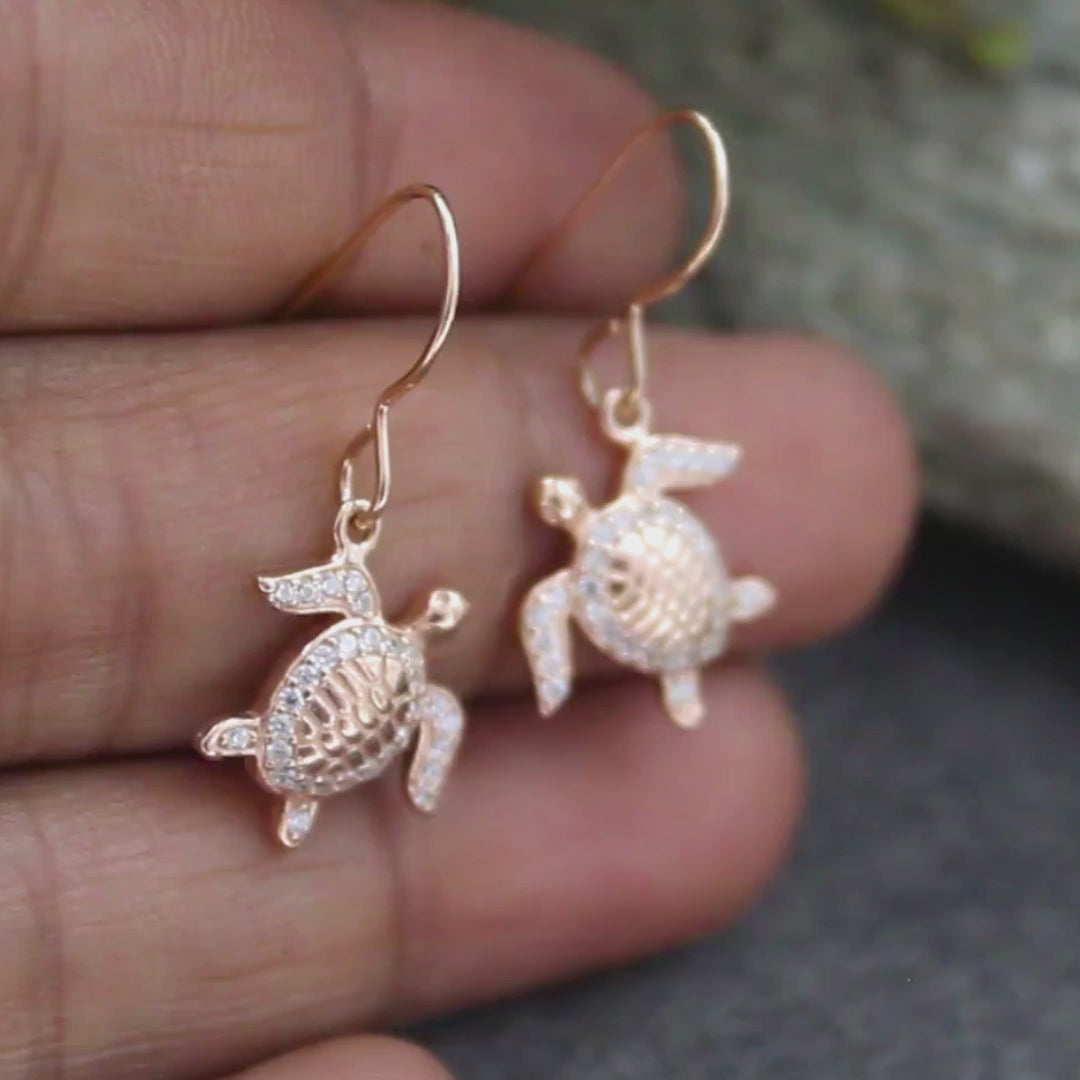 925 Sterling Silver White CZ Ocean Charm Rose Gold Turtle Earrings