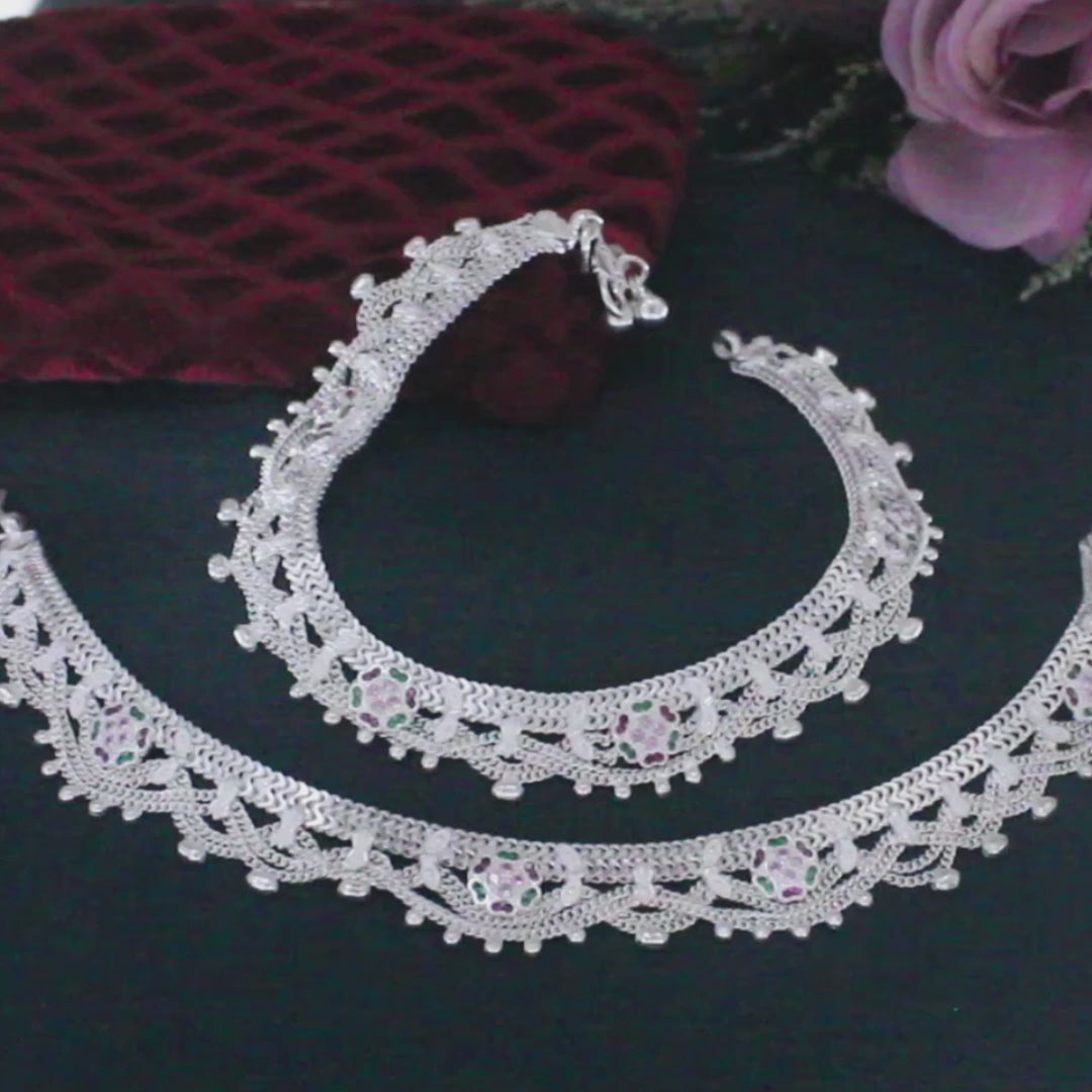 Real Sterling Silver Indian women brides design Multi CZ Anklet Ankle Bracelet 10.3"