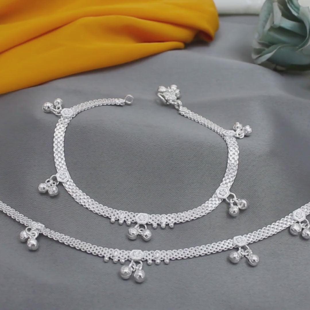 Real Silver Floral Bell Charms Anklet for Women - Pair 10.3"