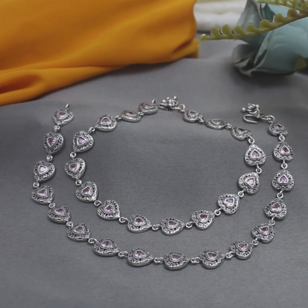 925 Sterling Silver Women Pink CZ Oxidised Hearts Anklet Pair 10.3"