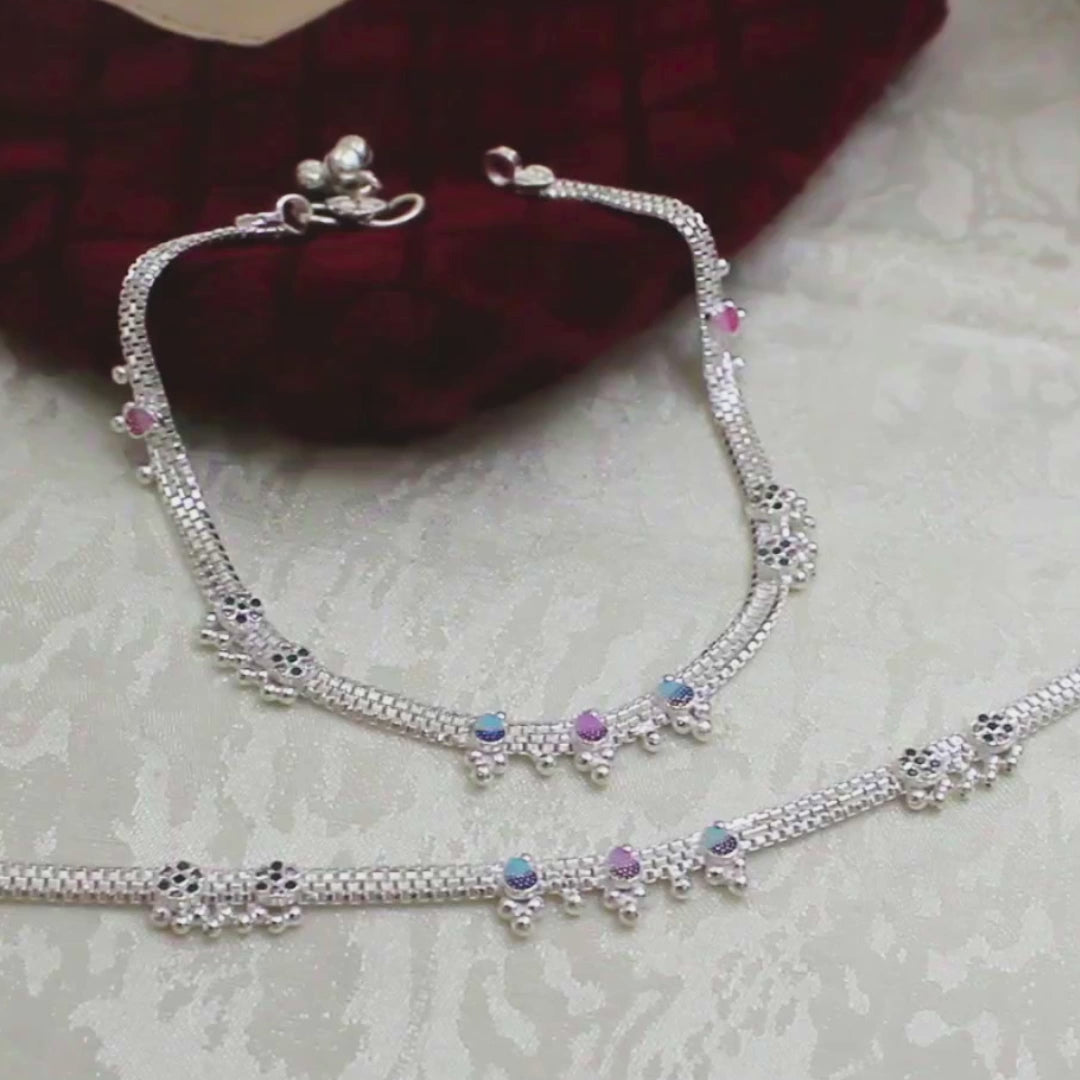Real Silver Blue Pink CZ Women Beach Wear Anklet - 10.5 in