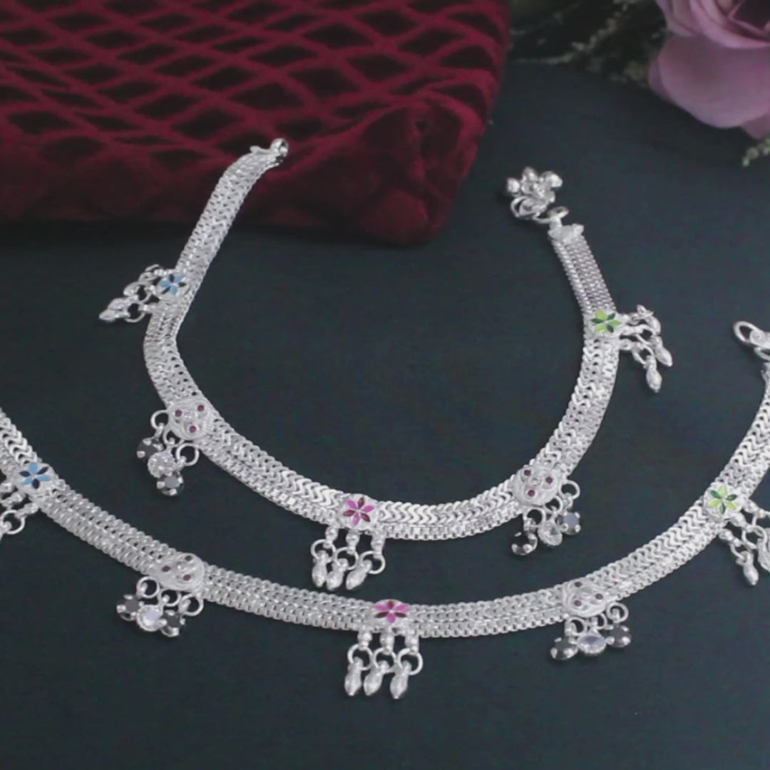Real Sterling Silver Indian women Multi CZ fabulous Anklets Ankle Pair 10.3"