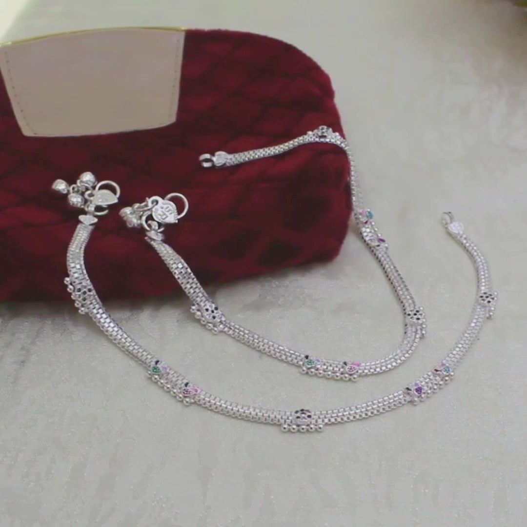 Indian Real Silver Floral Work Women Anklet - 10.5 in
