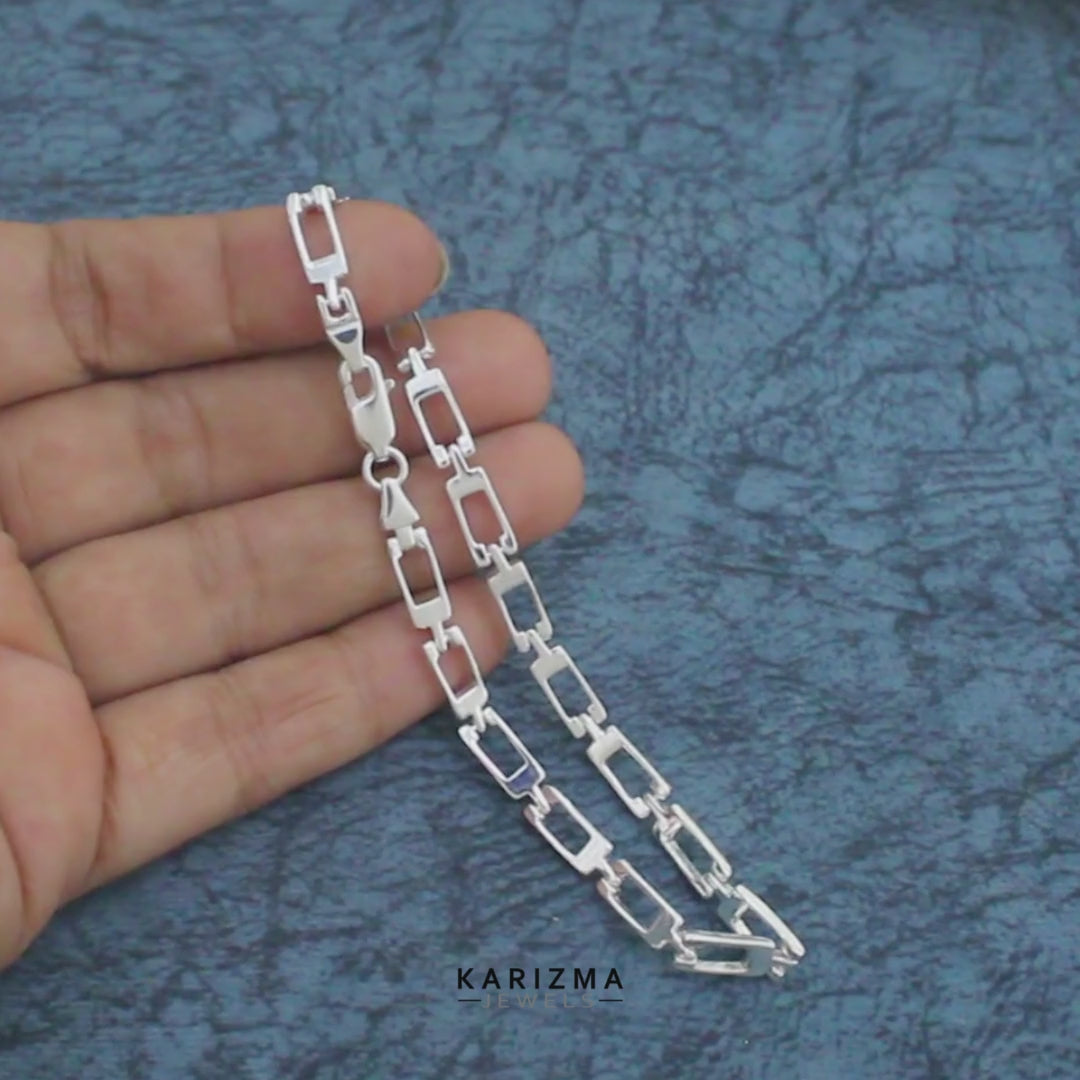 Real 925 Sterling Silver Men's Geometric Rectangle Link Chain Bracelet