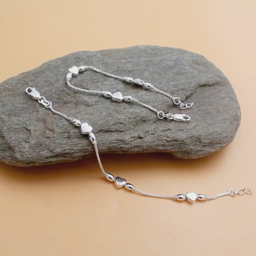 925 Sterling Silver Heart Charm Kids Anklet Pair- 6"