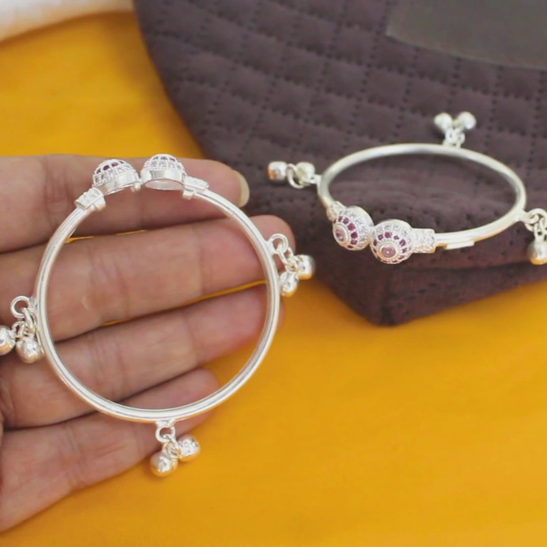 Real Sterling Silver Pink White CZ Excellent kids Bangles Bracelet With Jingle Bells - Pair
