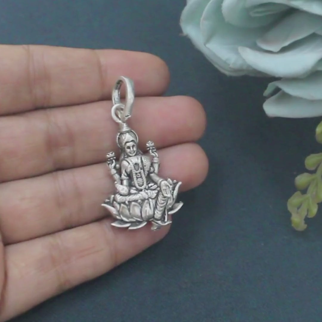 925 Real Sterling Silver Oxidized Antique Design Goddess Lakshmi Pendant