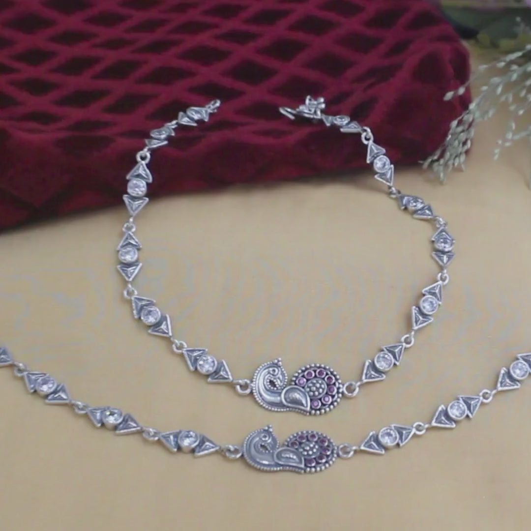 Trendy 925 Sterling Silver Pink White CZ Oxidised Peacock Anklet Pair 10"
