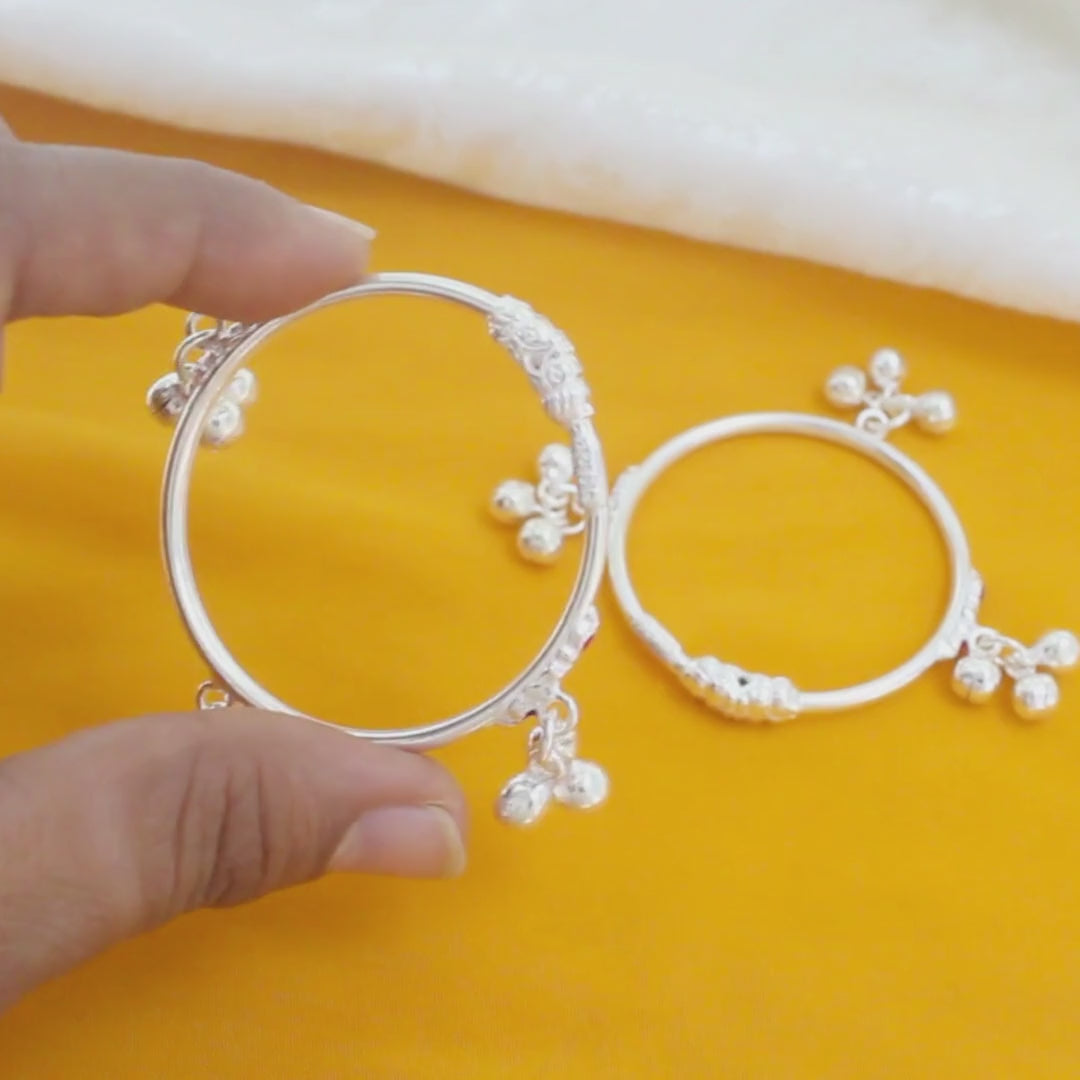 Hollow Real Silver unique kids Bangles Bracelet With Jingle Bells - Pair