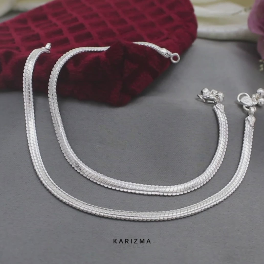 Real Silver women Excellent design snake chain Anklet Pair 10.2"