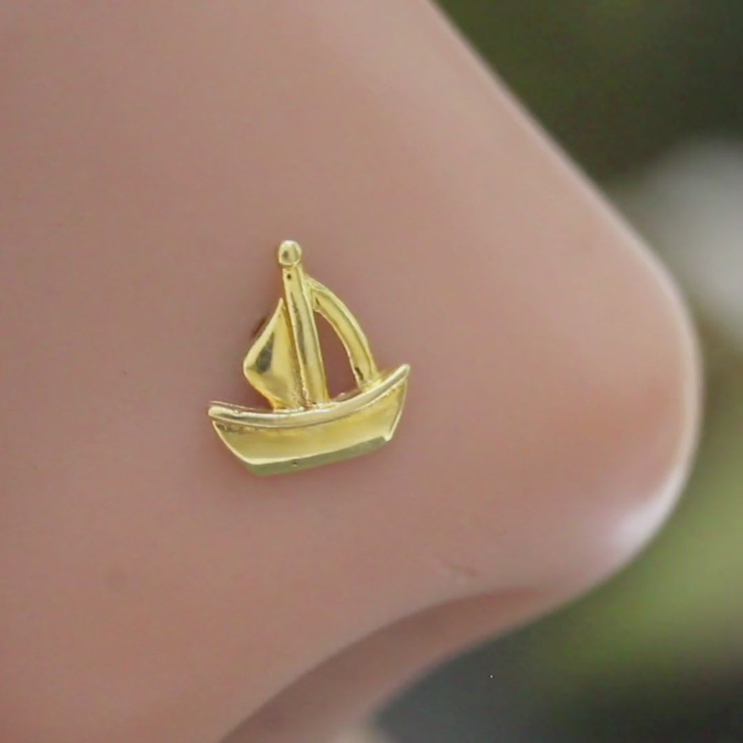 18K Real Gold fabulous Sailboat Nose stud cum Earring Gold Screw Back
