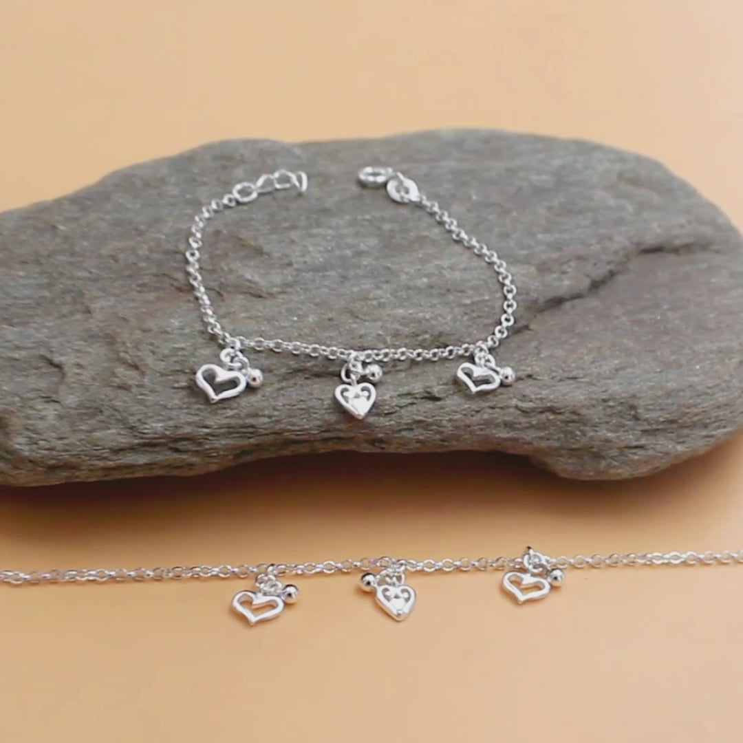 925 Sterling Silver Heart Hanging Design Kids Anklet Pair- 6"