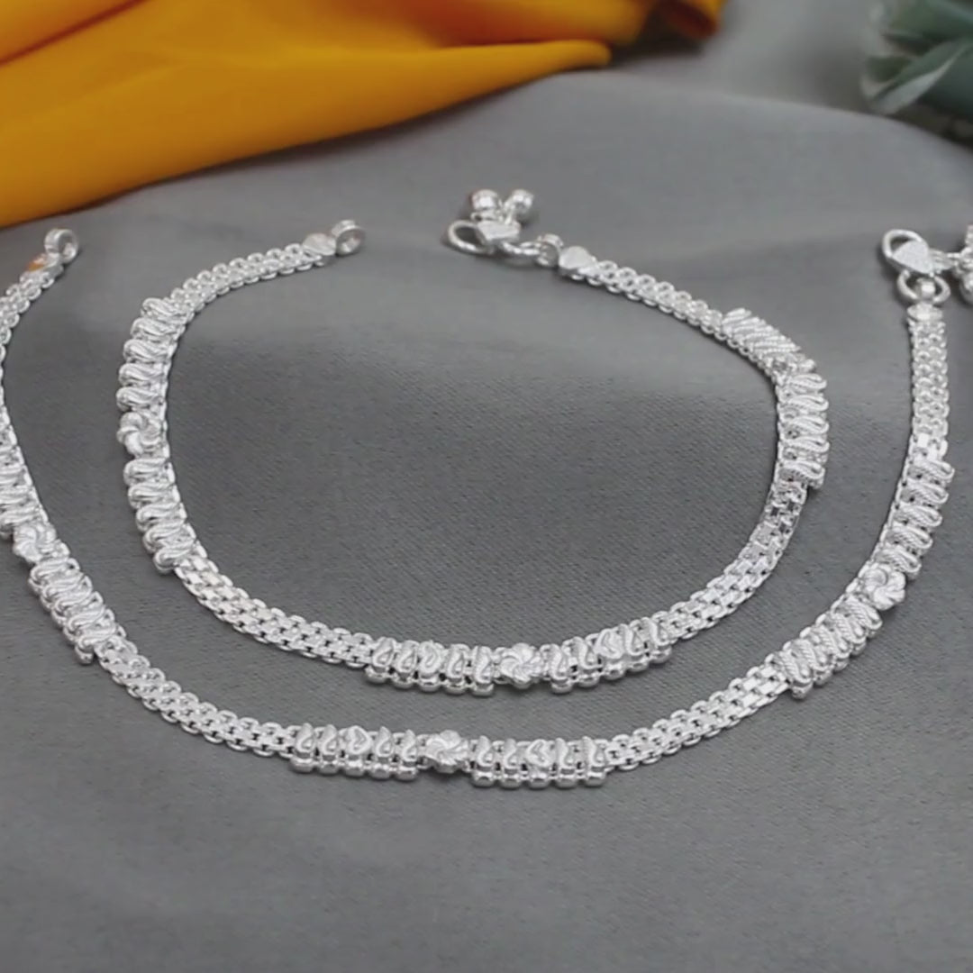 Real Silver Leaf and Flower design Women Anklet Pair 10.3"