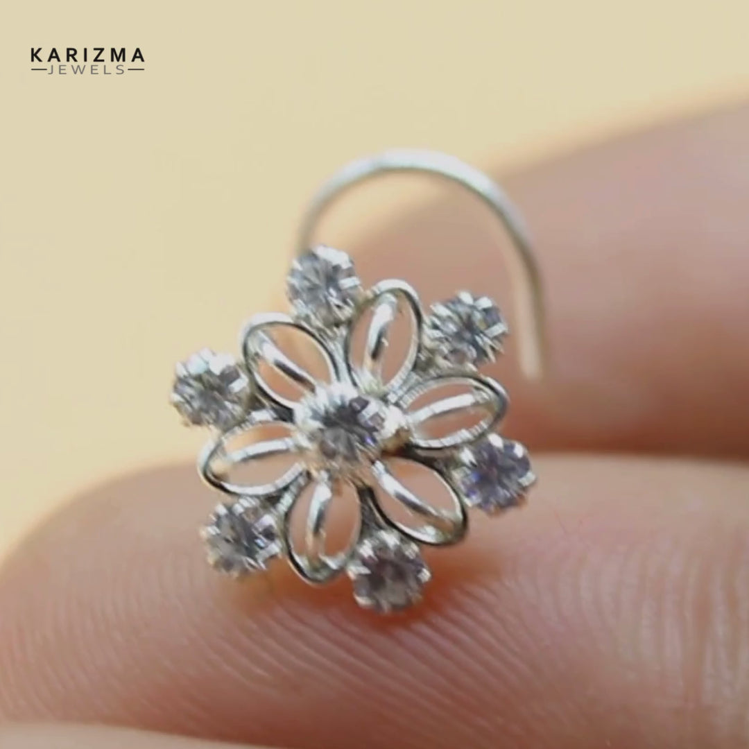 Floral design Sterling Silver White CZ Twisted nose ring 22g