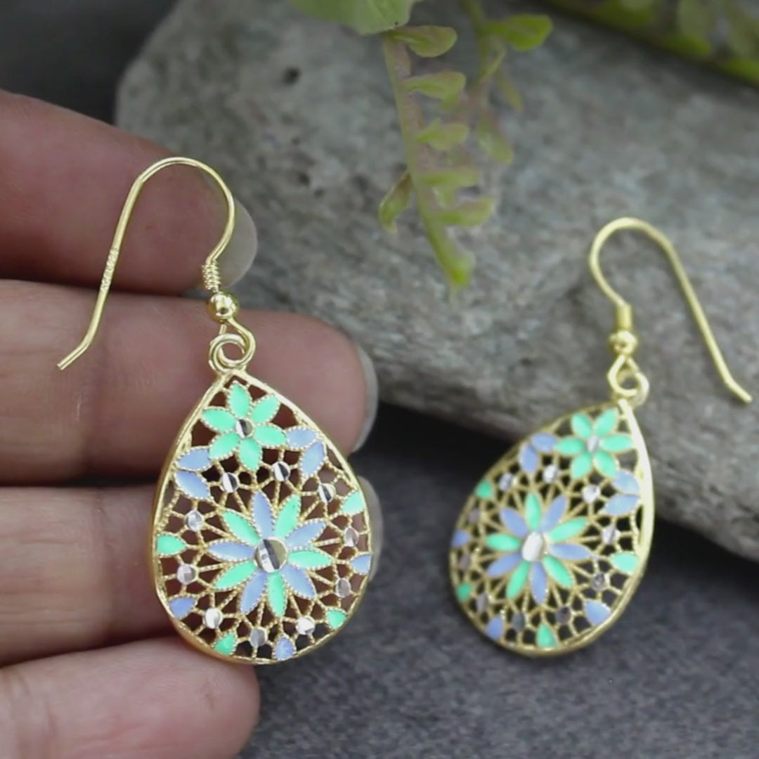 925 Sterling Silver Gold Tone Floral Drop Earrings