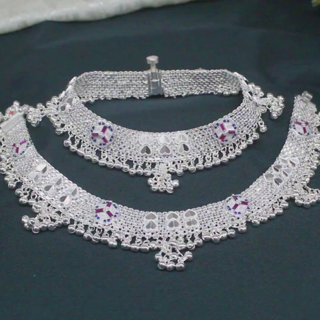 Heavy Real Silver Bridal Jingle Bells Blue Pink CZ Anklet Pair - 10 inch