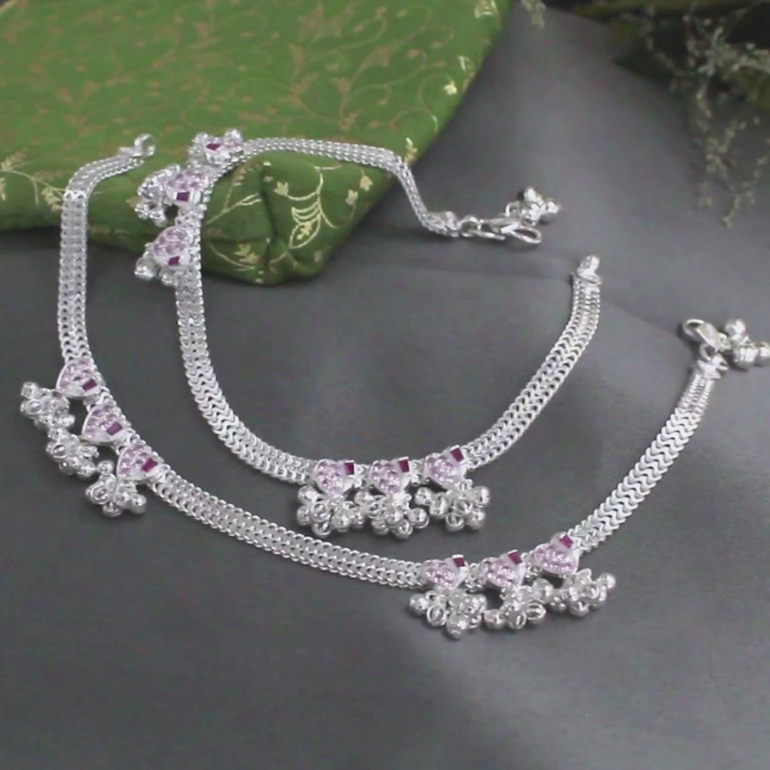 Real Sterling Silver Indian women Pink CZ gorgeous Bridal Anklet Ankle Bracelet 10.3"