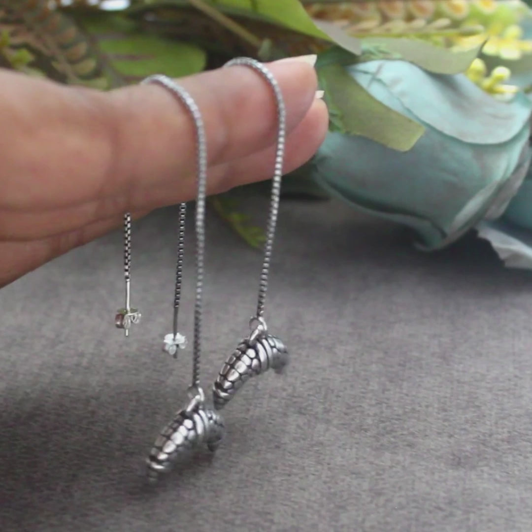 925 Sterling Silver Oxidized Threader Drop croissant-shaped charm Earrings
