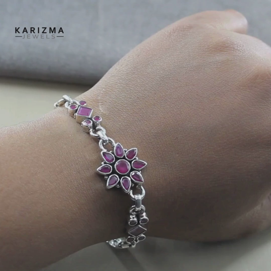 Ethnic Style Real Silver Cut Stone Oxidized Bracelet Gift For Girls Women