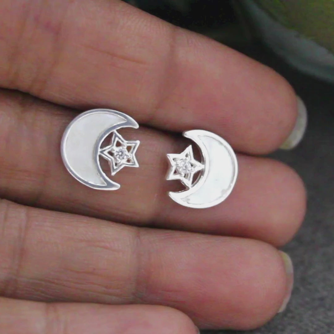 925 Sterling Silver White CZ Moon and Star Earrings