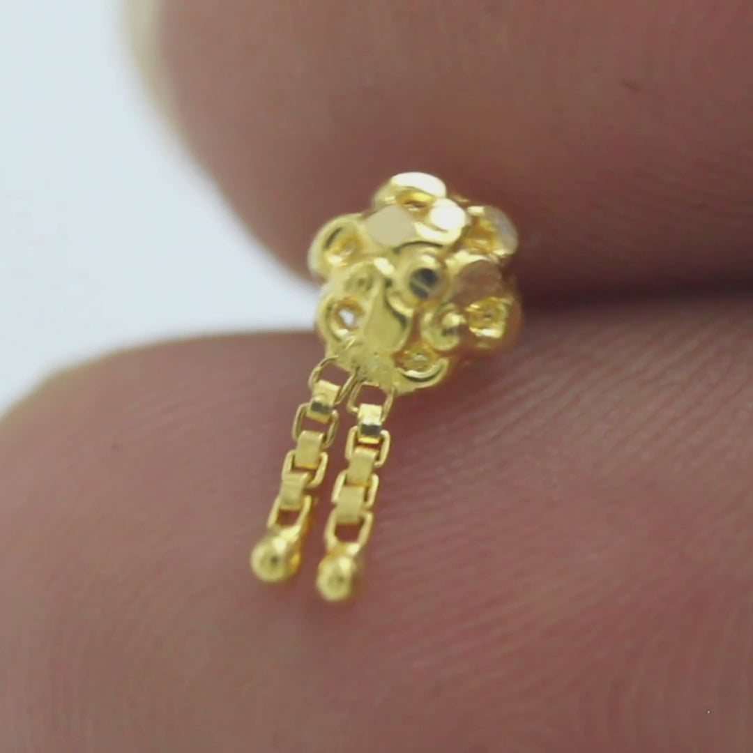 18K Real Gold Dangling Hanging Chains Nose Stud Push Pin