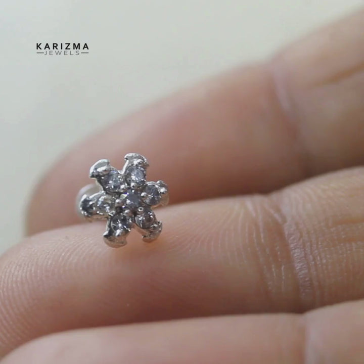 Asian Women 925 Silver White CZ Studded Screw Nose Stud