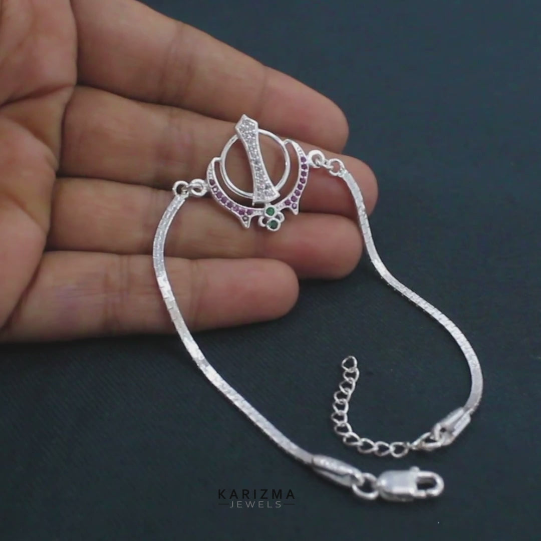 Trendy Real Silver Bracelet Multi CZ khalsa symbol Rakhi 8"