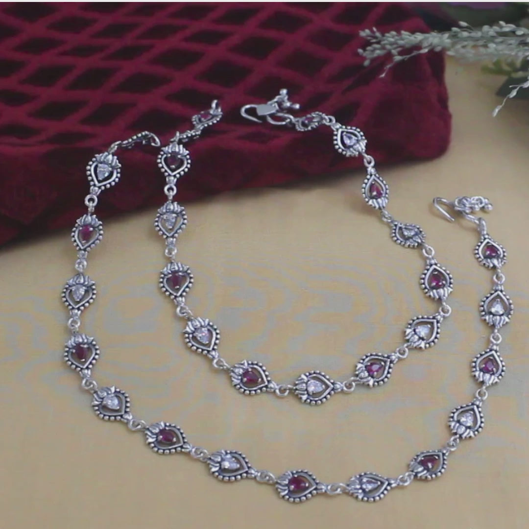 Unique trendy 925 Sterling Silver Pink White CZ Oxidised Anklet Pair 10"