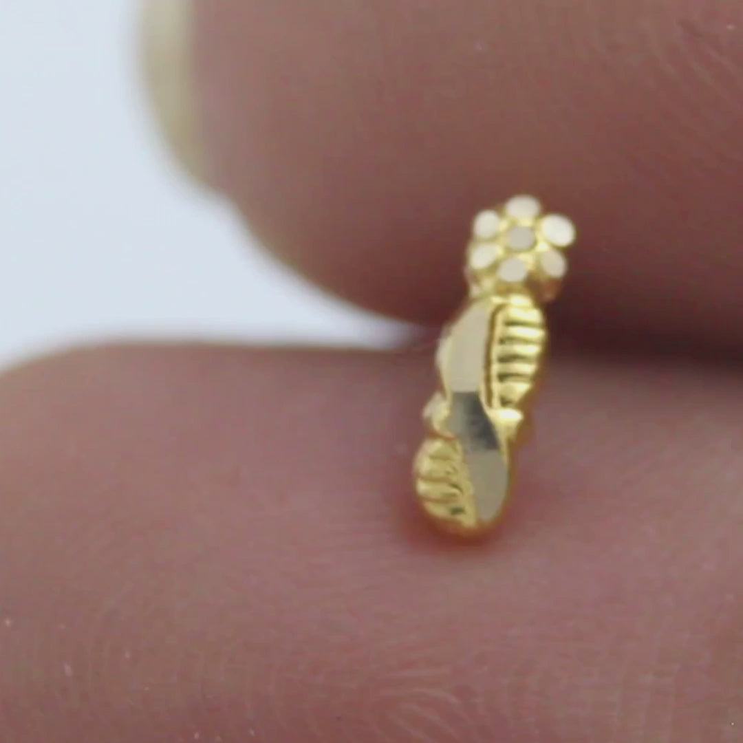18K Real Gold Vertical Floral Cluster Top Push Pin Nose Stud