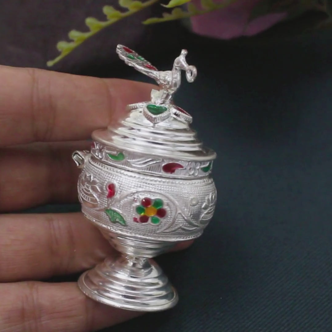 Real Silver Honey Container Enamel peacock design Dibbi for Red Book Remedy