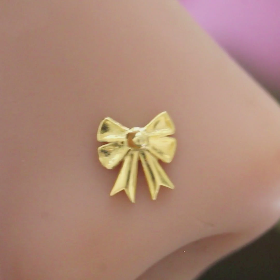 18K Real Solid Gold girlish stylish bow Nose stud cum Earring Gold Screw Back