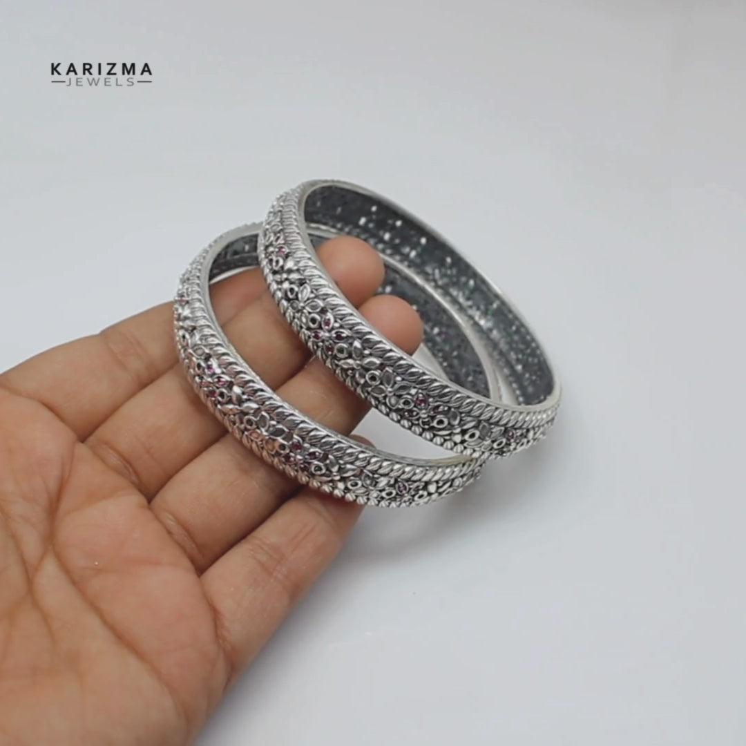 Indian Traditional Real Sterling Silver CZ Women Oxidized Bangles Pair - 6.2 CM