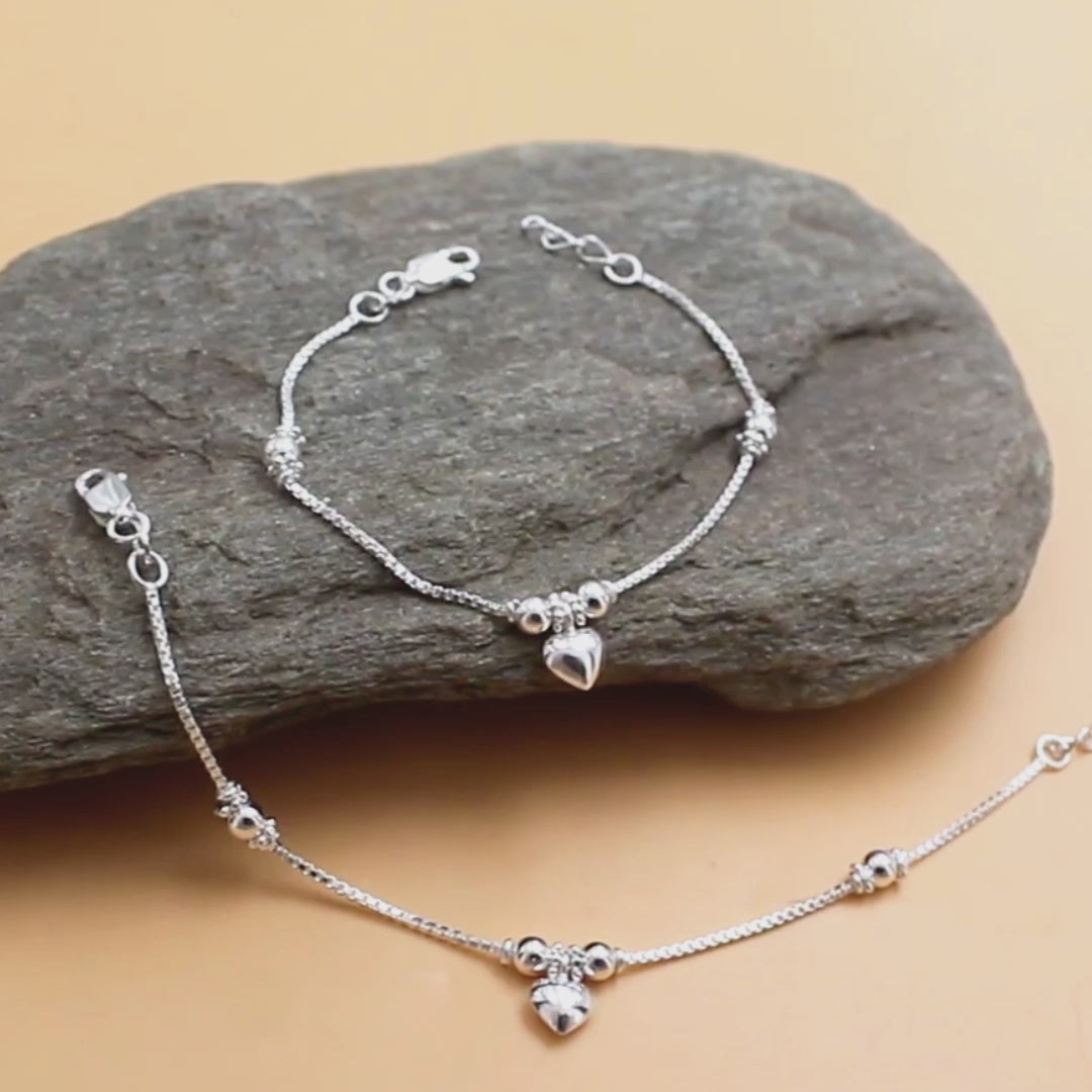 925 Sterling Silver New Born Baby Heart Charm Anklet with Beads Pair- 6"