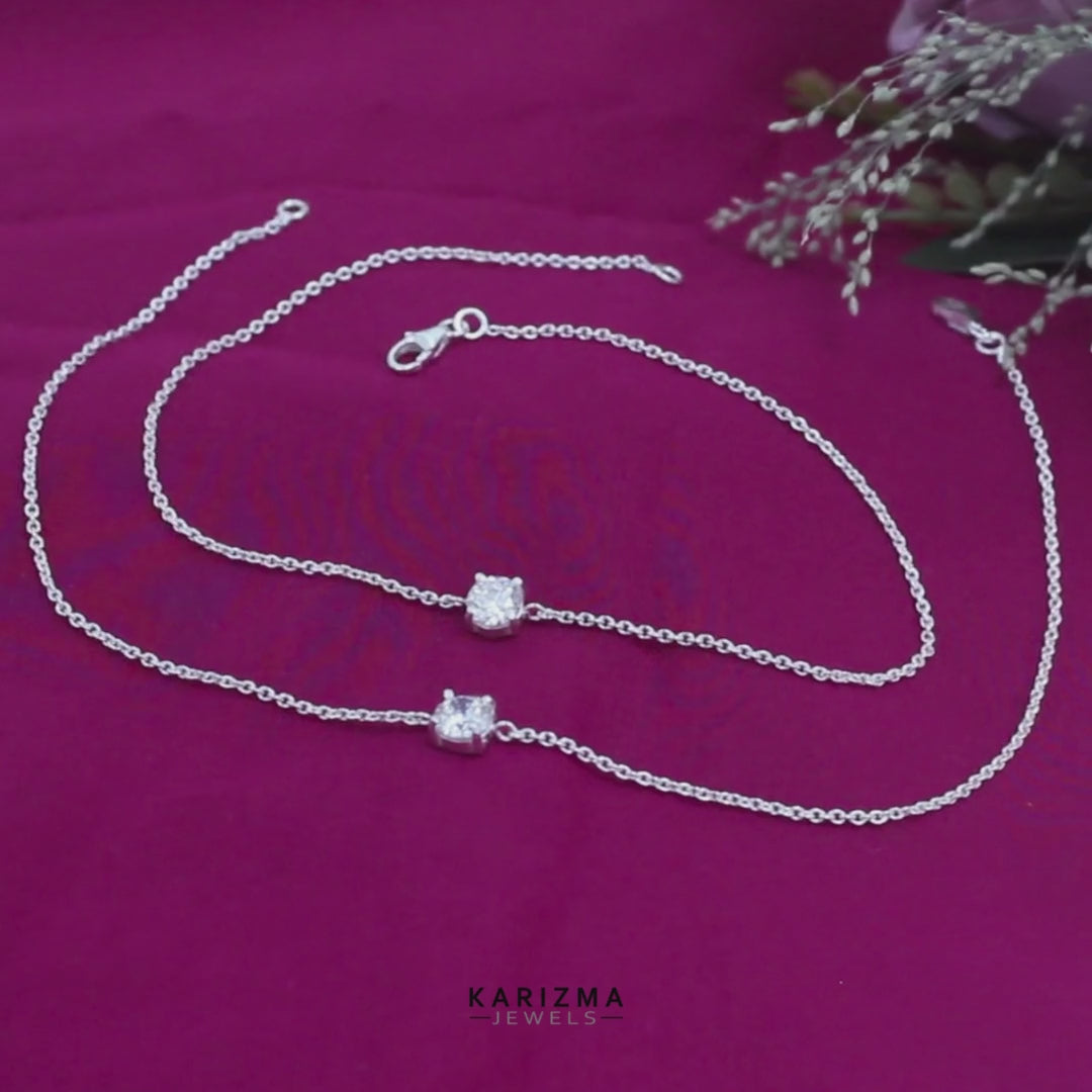 Dainty 925 Sterling Silver girlish White CZ Chain Anklet Pair 10.3"