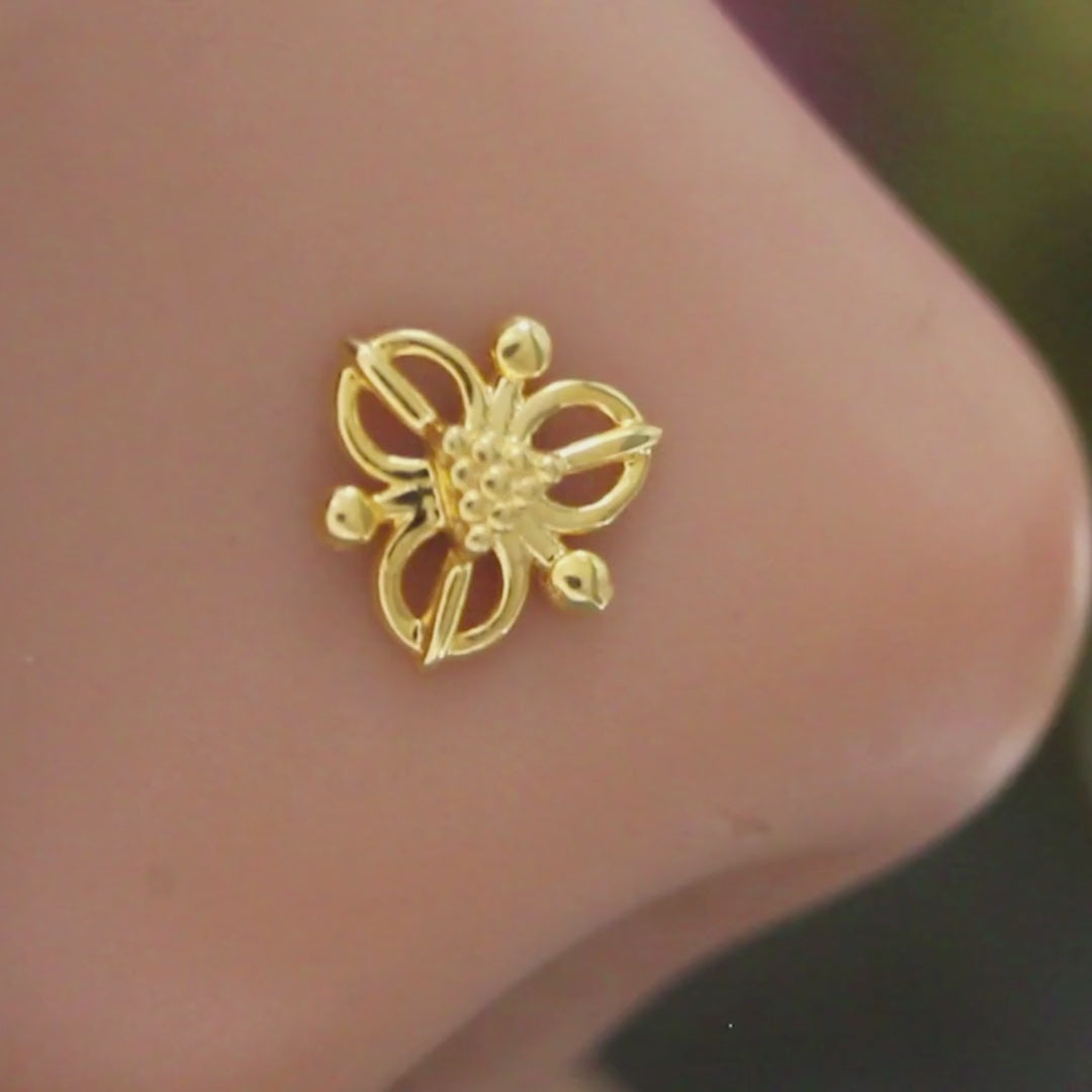 18K Real Gold women floral Nose stud cum Earring Gold Screw Back