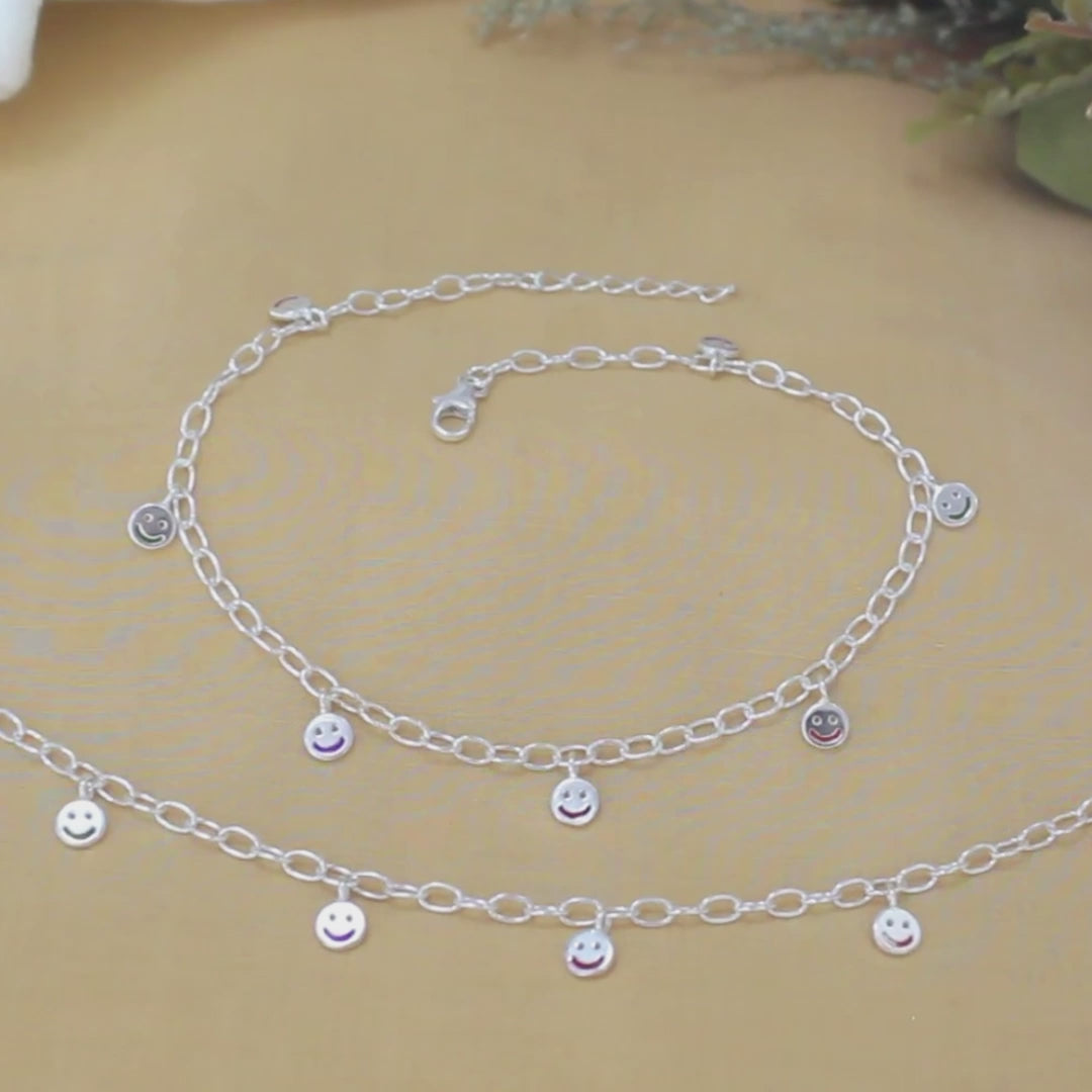 925 Sterling Silver Smiley Face Charm Chain Anklet Pair 10.4"