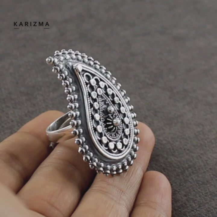 Indian Women Banjaran Style 925 Sterling Silver Oxidized Leaf Finger Ring