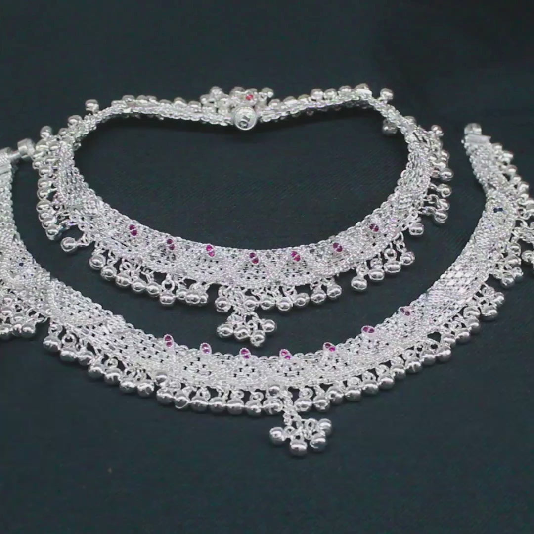 Elegant Bridal Real Silver Multi CZ Jhalar Anklet Pair for Women - 10 inch